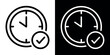 © LiorasK - Time management icon with clock and checkmark symbol for completed task Black White Background. Vector illustration.