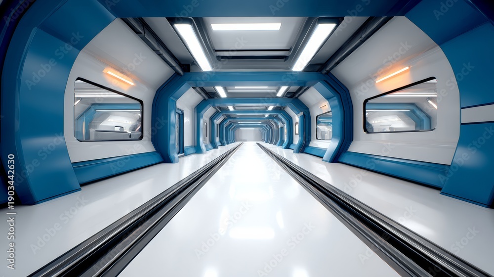 First-person perspective inside a futuristic arcade corridor with ...