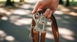 © sajiman - Hand holding brown leather horse bridle.