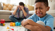 © olgakris - Stressed single parent and crying child at home, concept of emotional burnout, parental anxiety, childhood trauma, mental health crisis, parenting challenges and family relationship struggle