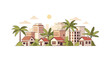 © Rizal - Tropical Cityscape Illustration: Buildings, Palm Trees, and Sunny Day