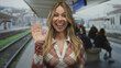 © Krakenimages.com - Woman with blonde hair wearing checkered shirt waving hand on train station platform; greeting welcome travel excitement.