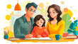 © Chinnasorn - Family parents child homework study learning education tutoring support home table notebook writing smiling together warm cozy sunlight window plant cup pencil teamwork guidance, isolated