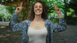 © Krakenimages.com - Woman points index fingers upward in park under green trees wearing patterned shirt and white tank; joy optimism empowerment.