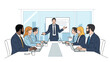 © Ripon - Male professional in a conference room gives a presentation to his colleagues sitting around a table with laptops in a city office.