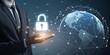 © itsumair - Businessman holding digital lock over globe representing cybersecurity data protection and trust