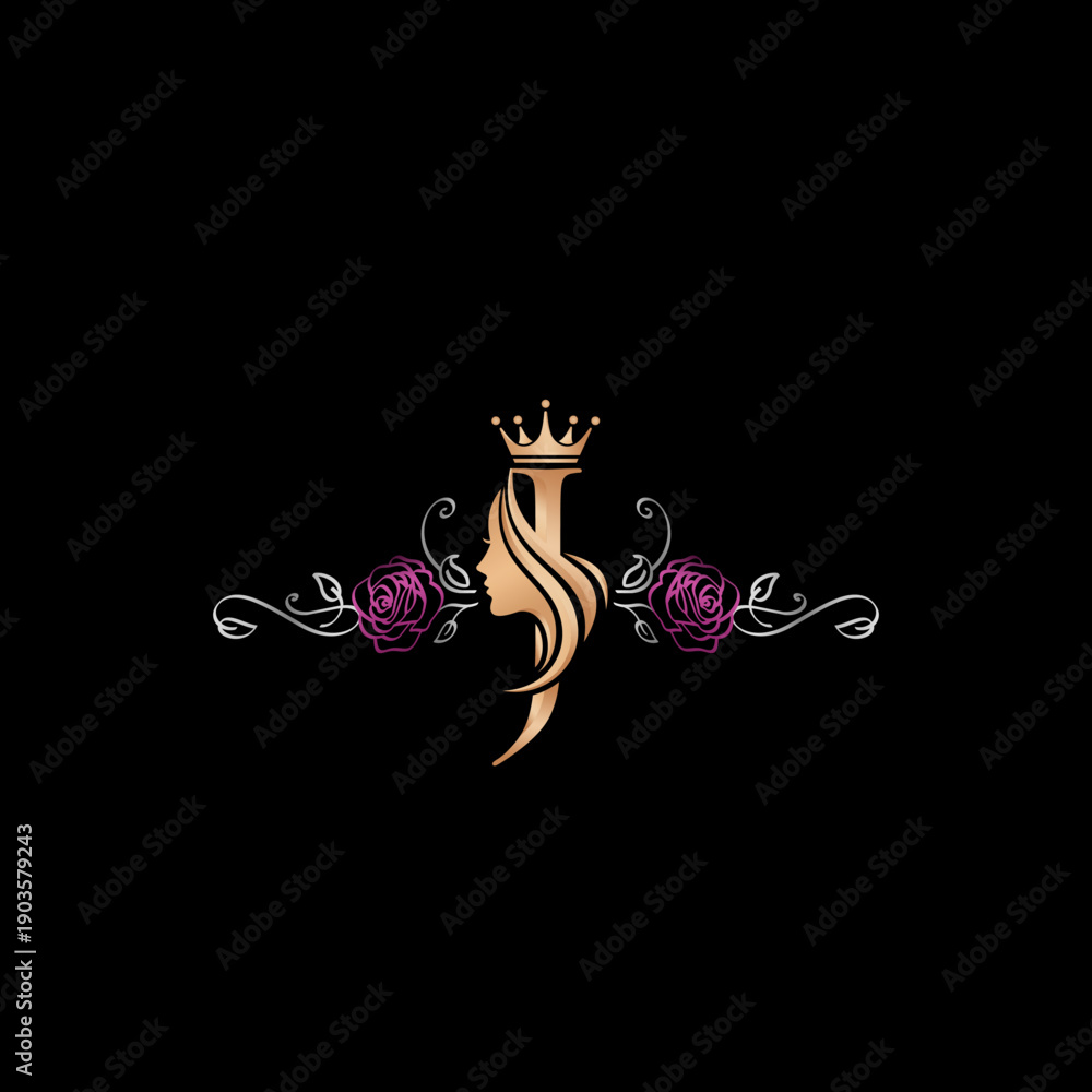 Elegant Queen Profile with Crown and Floral Ornaments.