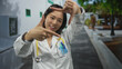 © Krakenimages.com - Young chinese woman doctor in uniform with stethoscope outdoors making hand frame gesture on street.