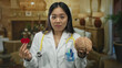 © Krakenimages.com - Chinese woman doctor holding brain and heart models, standing indoors with stethoscope in hotel room, showcasing medical knowledge and expertise in a casual setting.