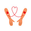 © Елена Кутузова - Two stylized hands donor and recipient connected by medical tube with red blood flowing between. Symbol of blood donation, solidarity, lifesaving help. Flat vector illustration for medical campaigns