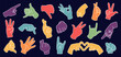 © SpicyTruffel - Thumb icons. Different hand gestures. Finger up, ok or heart retro drawn logo sign. Modern touch, minimal brush shape. Forefinger pointing, approval sign. Vector cartoon lines flat set