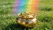 © Николай Чайка - Golden pot filled with coins featuring shamrock symbols placed on green grass with a vibrant rainbow arching overhead in a bright outdoor setting