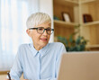 © Lumos sp - Portrait of a mature senior woman a businesswoman working from home having a meeting online, home office, or a student learning, or mature woman surfing net shopping or reading