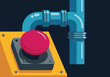 © Vector Factory - Emergency stop button controls a chemical plant. Bold red button contrasts with blue pipes and a yellow panel. Clean, modern illustration for industrial themes.