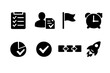 © May - Task management. Filled icon set of Task management: task checklist, assignment user, priority flag, deadline clock,