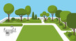 © ocarttt - A vibrant flat illustration depicting a serene urban park with lush green lawns, diverse trees, paved walkways, and a modern outdoor dining area.