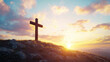 © Natallia - Wooden cross on a hill at sunrise, illuminated by warm light in a peaceful easter landscape