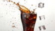 © Adzriel - Dynamic high-speed photography captures a refreshing dark beverage splashing vigorously with ice cubes, highlighting effervescence and invigorating liquid motion