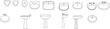 © Riki - Technical vector illustration of pedestal sinks and urinals from front, side, and top views, featuring minimalist outlines for bathroom plans.