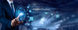 © AD - Businessman touching Business Intelligence and networking. Data analysis, decision making, analytics dashboard, corporate strategy, performance management, digital business concept.