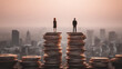 © Moritz - Female and male miniature business figures standing on stacks of gold coins representing financial success and gender equality in wealth