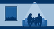 © Sophia - Silhouette of a family with two children sitting on a couch together under a single spotlight in a dark room, representing concepts of unity, safety, and social issues