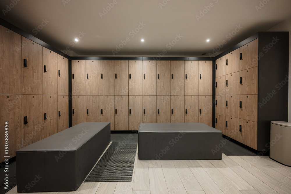 Modern gym locker room with wooden lockers and benches Stock Photo ...