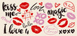 © Rudzhan - Set of romantic grunge letterings. Cute doodle stickers with red lipstick kisses, hearts, and love quotes for Valentine Day. Hand drawn vector illustration collection isolated on background
