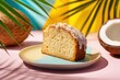 © Anna - Slice of coconut loaf cake with white icing served on a pastel plate, styled with palm leaves and coconut for a bright tropical dessert mood.