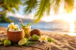 © Malika - Tropical Beach Scene with Fresh Drinks, Food, and Warm Sunset Glow