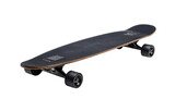 Black modern longboard skateboard with black wheels and deck isolated on a transparent background. A versatile object for urban lifestyle, sports, leisure, and transportation concepts. 3D render.