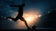 © Broccolini - Dramatic silhouette of a soccer player kicking a ball in a dynamic action pose under bright stadium lights, capturing the intensity and power of a professional match.