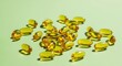 © Dece Std - Golden, translucent gel capsules scattered on a pale green surface, creating a healthy scene