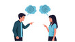 © SMSharif - Angry man and woman pointing fingers at each other while arguing with confusing swirls in thought bubbles on a white background.