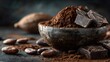 © horizon - Fine dark cocoa powder in a rustic clay bowl features chunks of raw chocolate and cacao beans under moody lighting on a dark textured surface.