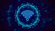 © Fandom - Neon blue glowing wifi signal icon radiating connectivity and data transfer within a futuristic, abstract digital network sphere graphic.