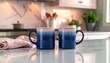 © Fomo Creative - Two Dark Blue Mugs with Pink Gradient on a White Marble Countertop