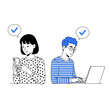 © Gary - Young asian woman with short black hair in polka dot shirt smiling at smartphone, young asian man with blue hair and glasses typing on laptop, transparent background, minimalist line art with blue