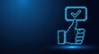 © Moon Guy - Glowing digital thumbs up and checkmark icon on dark blue background, representing approval and technology.