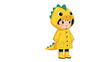 © FarzanaAkter - Adorable cartoon child wearing a bright yellow dinosaur raincoat with spikes and a tail, ready for a rainy day adventure.