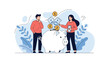 © Safia - Young couple collaborating on their financial future by putting money and banknotes into a large white piggy bank in a modern setting.