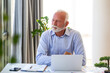 © Graphicroyalty - Senior businessman working on laptop in bright office. Professional elderly man thinking, looking away, healthcare and wellness concept. Successful male entrepreneur sitting at desk with computer.