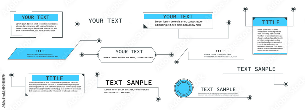 5 Text Boxes Layout Design Title text box, callout frame set. Hud line border. Titles banner ...