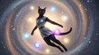 © Arman - A mystical cat floats effortlessly in space surrounded by glowing orbs and cosmic energy in a vibrant digital artwork