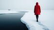 © Larisa AI - A figure in a striking red coat walks across a mostly frozen landscape, embodying resilience and solitude against a stark, wintry background of ice and snow.