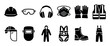 © stocker777 - Personal protective equipment icon set featuring black glyphs of a hard hat, safety glasses, earmuffs, respirator mask, gloves, vest, boots, and a safety harness for work