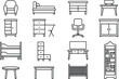 © New World - Collection of thin line furniture icons, chairs, tables, beds, shelves, office desk and storage illustrations for web UI and print