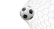 © Maria - Soccer ball in net isolated PNG, black and white football in goal on transparent background, sports equipment for game
