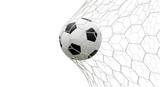 Soccer ball in net isolated PNG, black and white football in goal on transparent background, sports equipment for game