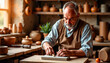 © Lyudmila Finkel - A focused craftsman works in a sunlit workshop.